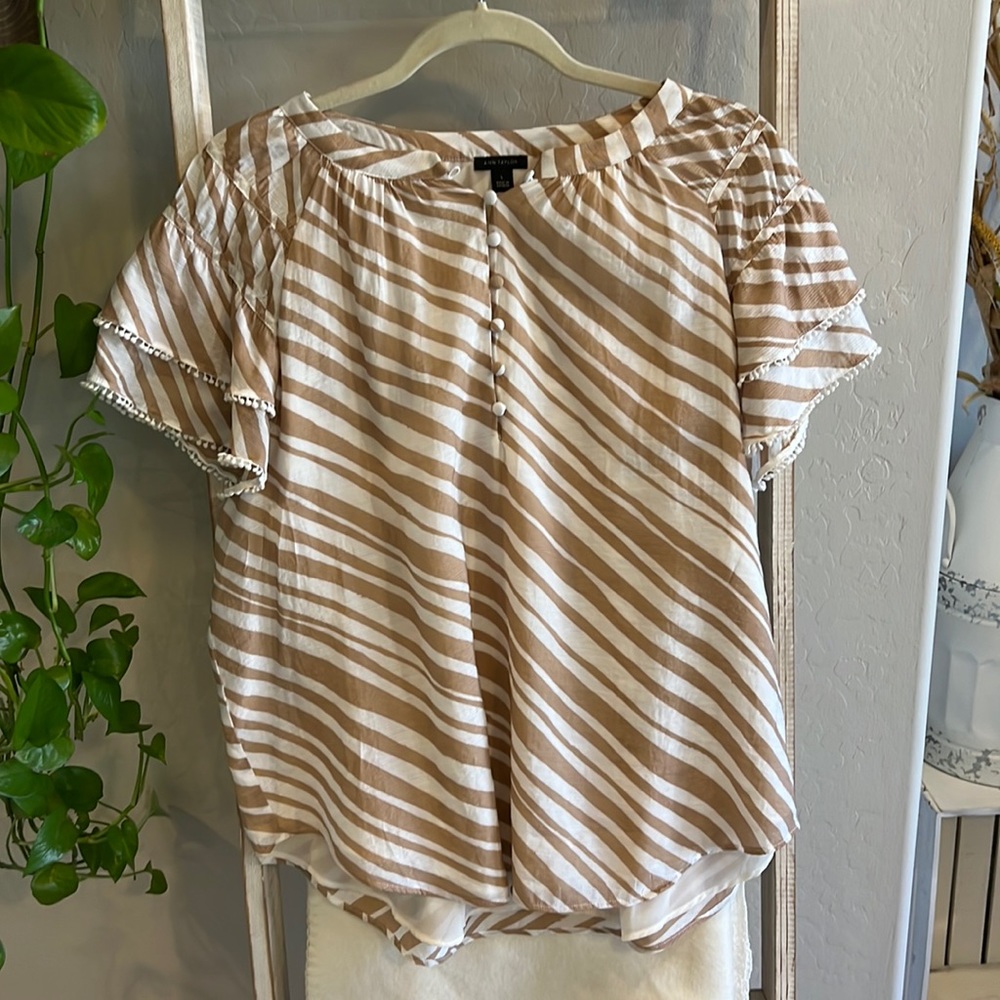 Cream/tan striped Ann Taylor blouse with detailed sleeve